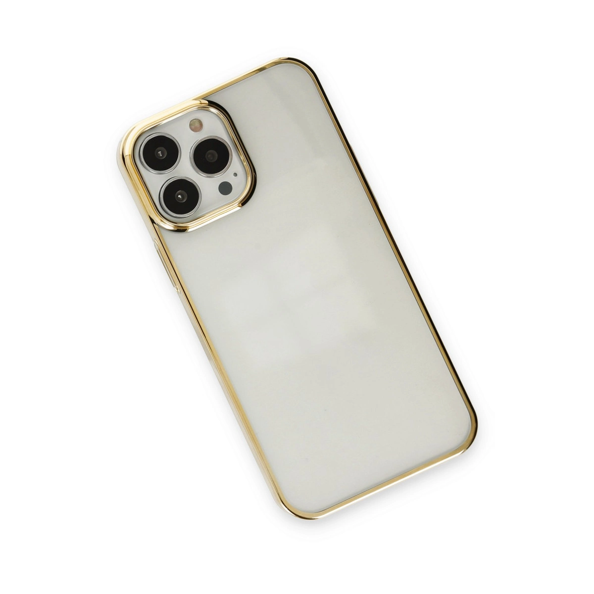 Altn kenarl ve kamera modll beyaz telefon klf.