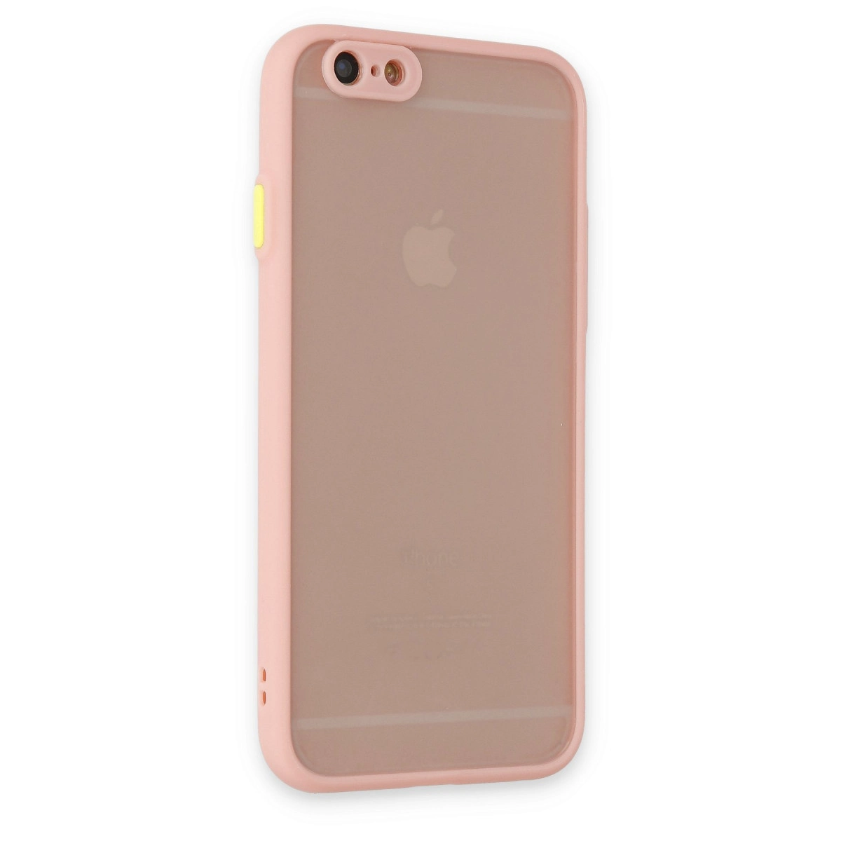 Apple logosu olan pembe iPhone kılıfı. Arka yüzü yarı saydamdır.