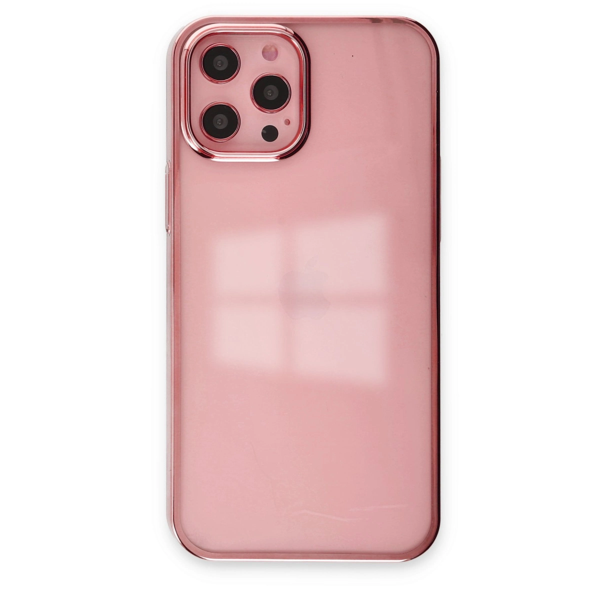 Cam ve metal kamera modüllü pembe iPhone kılıfı.