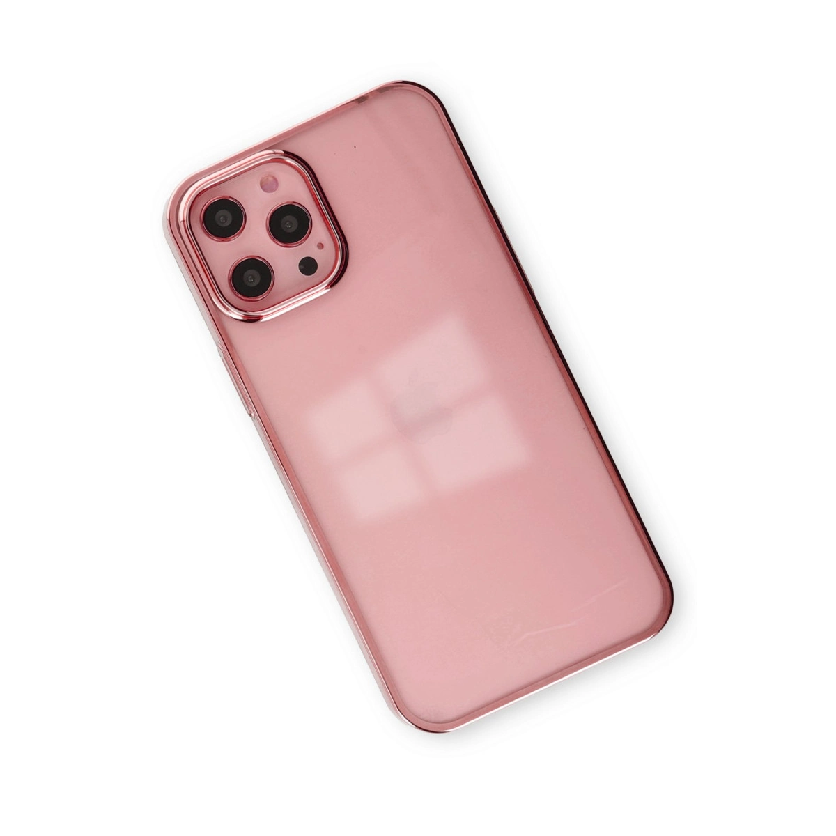 Beyaz arka plan üzerinde üç kameralı pembe iPhone kılıfı.