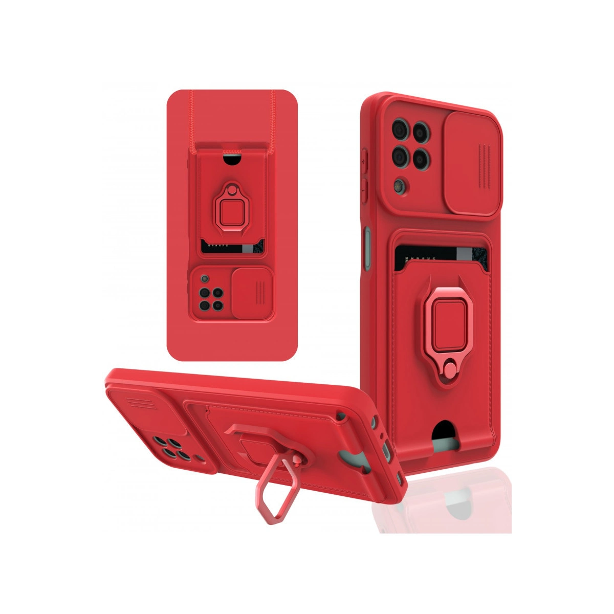 Kart tutuculu ve halkalı kırmızı telefon kılıfı, üç görünüm.
