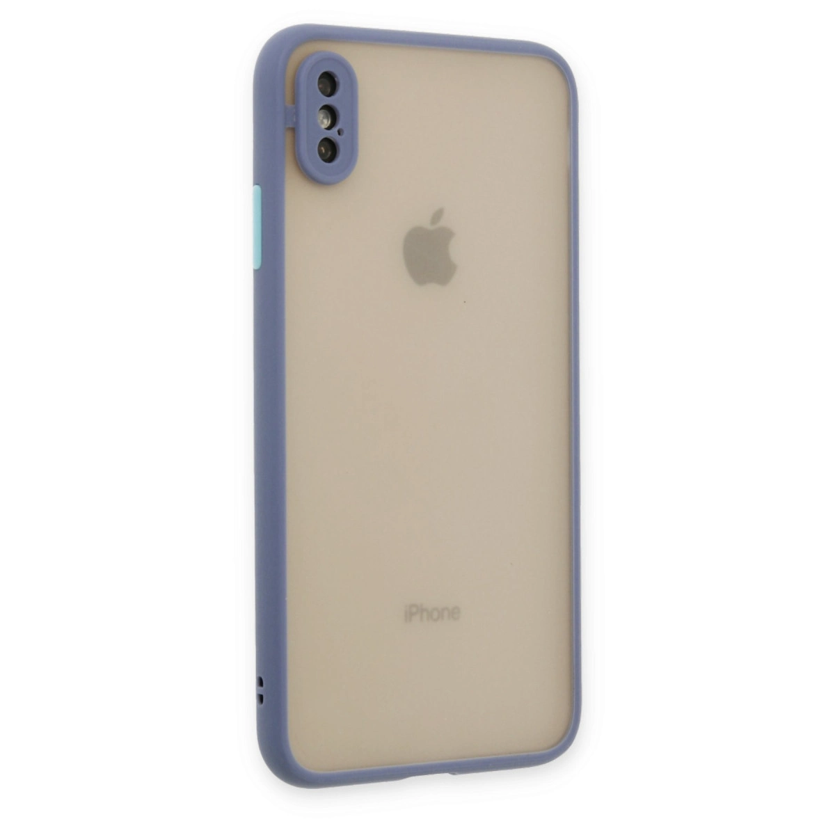 Mor kenarlı ve yarı saydam arkalı iPhone, beyaz arka plan üzerinde.