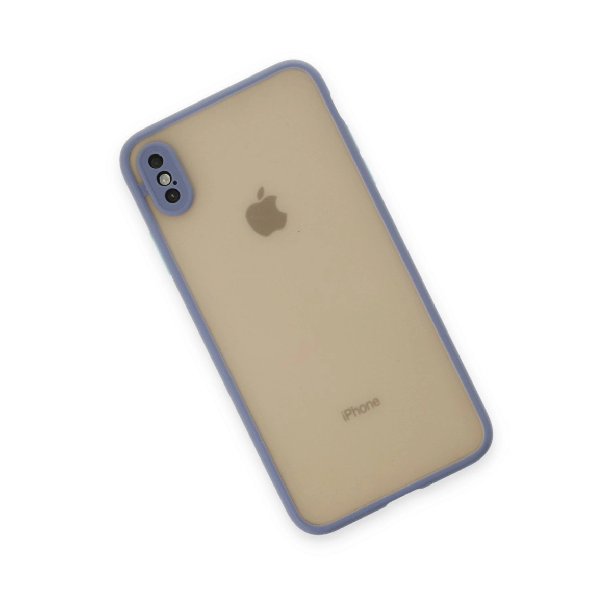 Taba rengi, yarı saydam kasalı ve mor kenarlı bir iPhone.