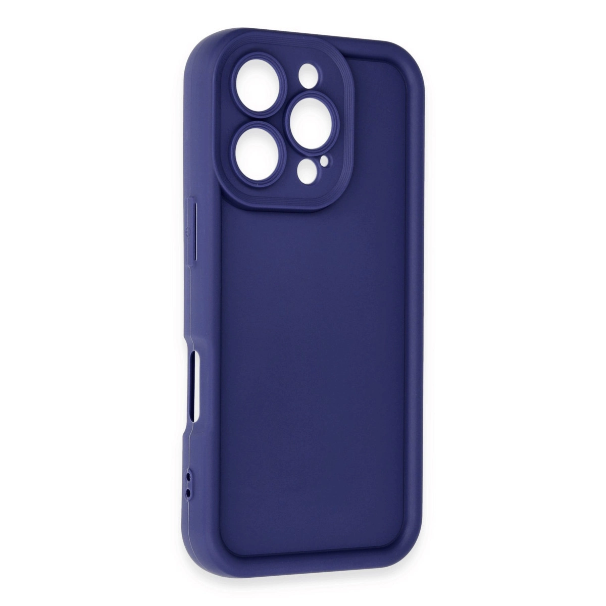 Kamera ve yan düğmeler için kesikleri olan koyu mavi telefon kılıfı.