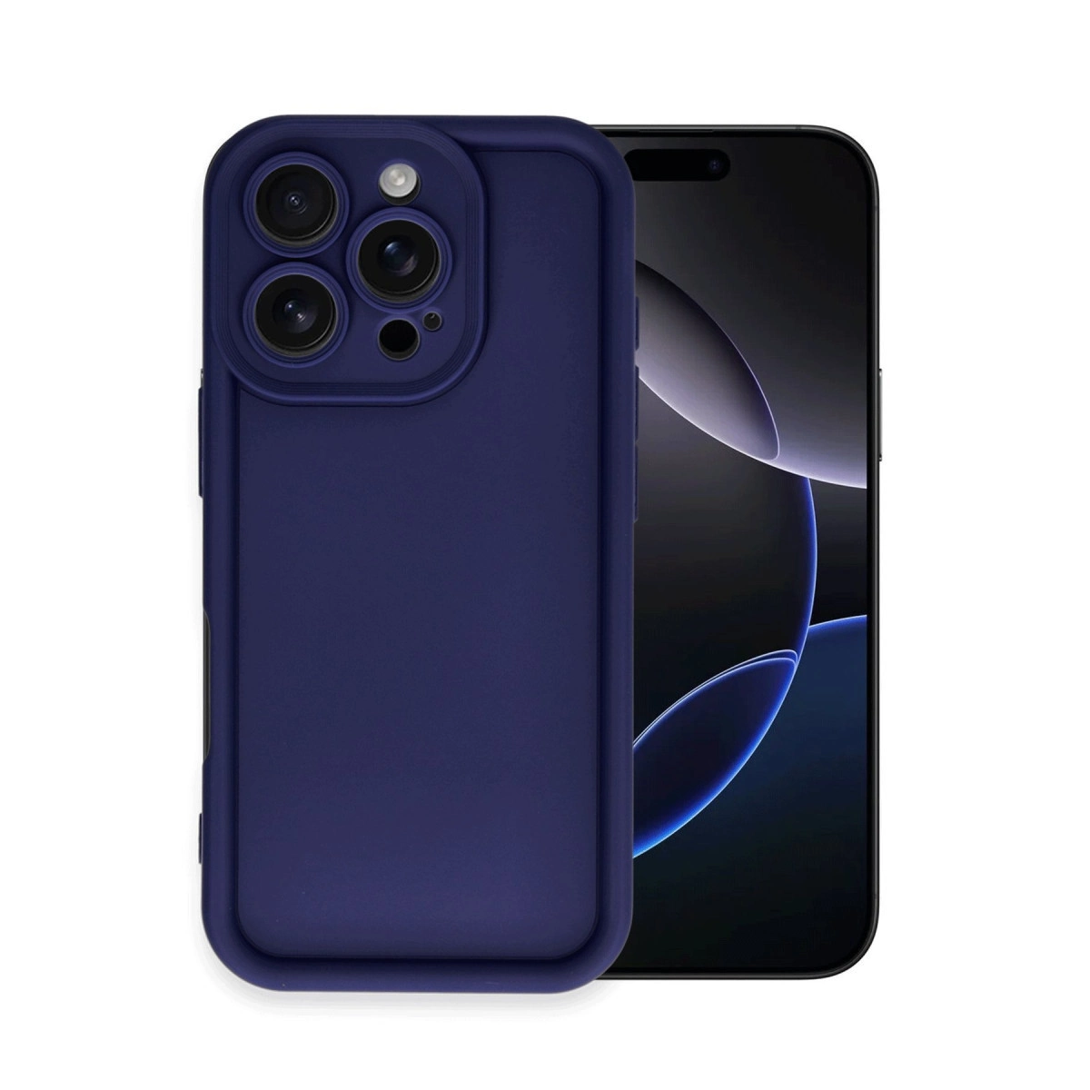 Akıllı telefonda üç kamera lensi olan lacivert telefon kılıfı.