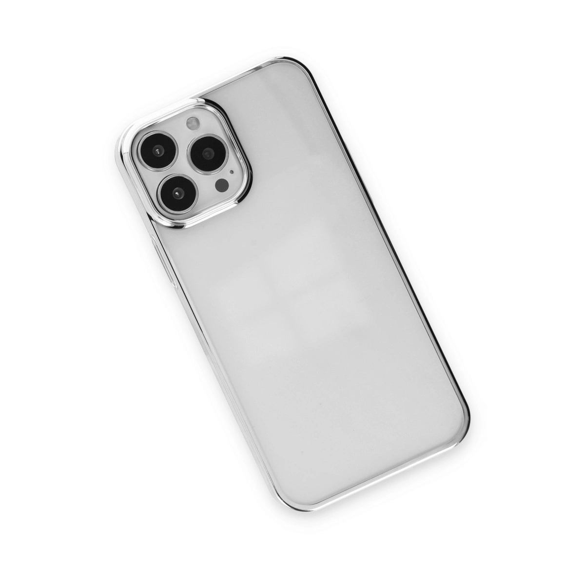 Gümüş kenarlı, üç lensli şeffaf telefon kılıfı.
