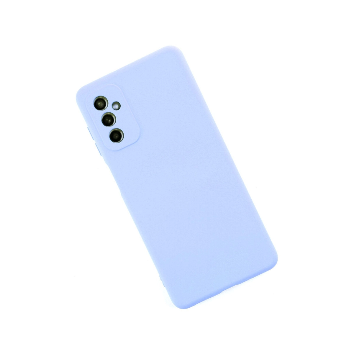 Beyaz arka plan üzerinde üçlü kameraya sahip lavanta rengi telefon kılıfı.