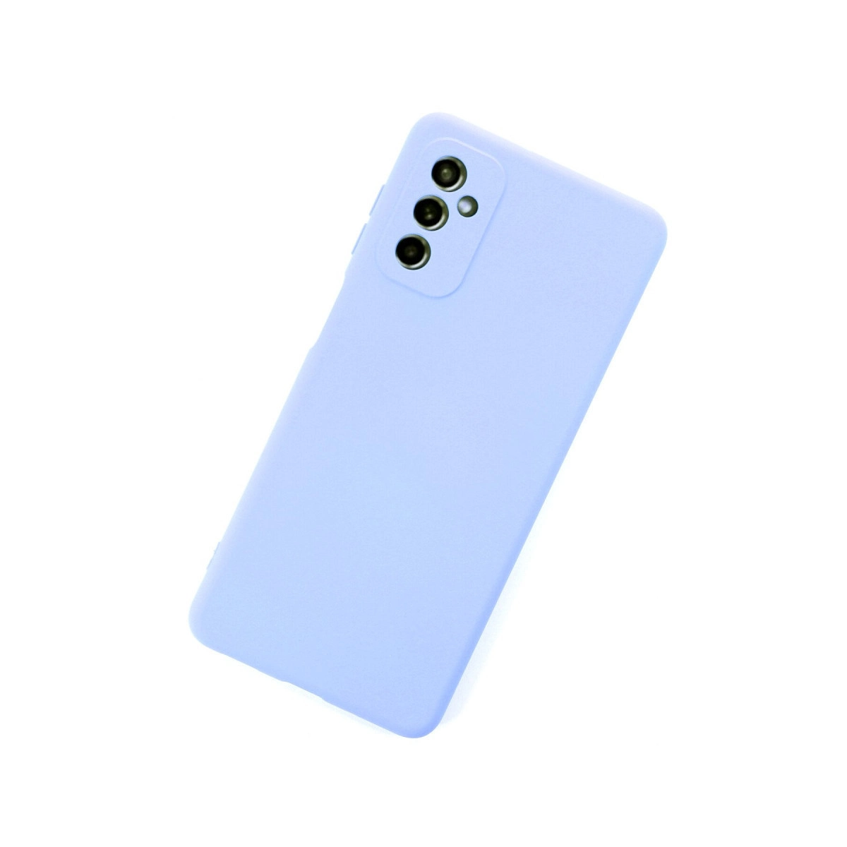 Beyaz arka plan üzerinde üç kamera lensli açık mor akıllı telefon.