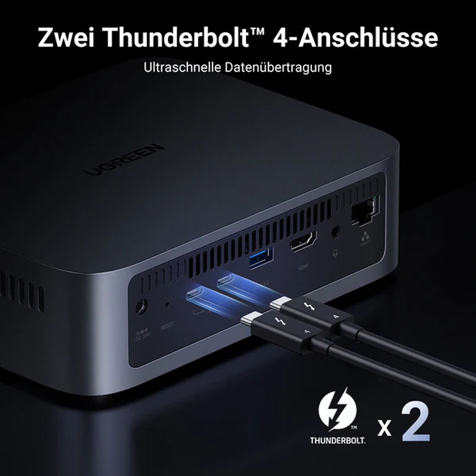 Dwa czarne kable Thunderbolt podłączone do czarnego urządzenia z portami.