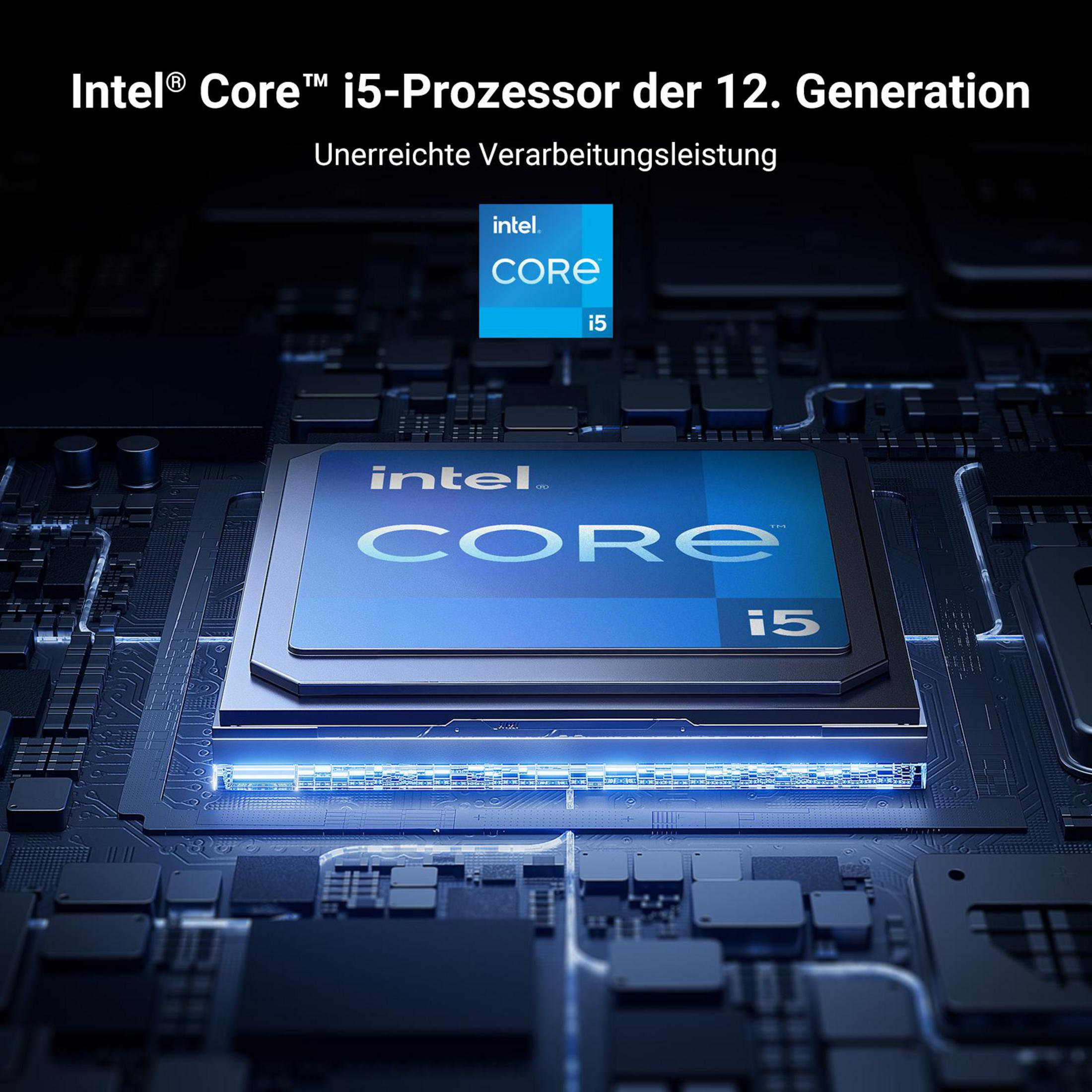 Procesor Intel Core i5 12. generacji na płytce drukowanej, z niebieskim podświetleniem.