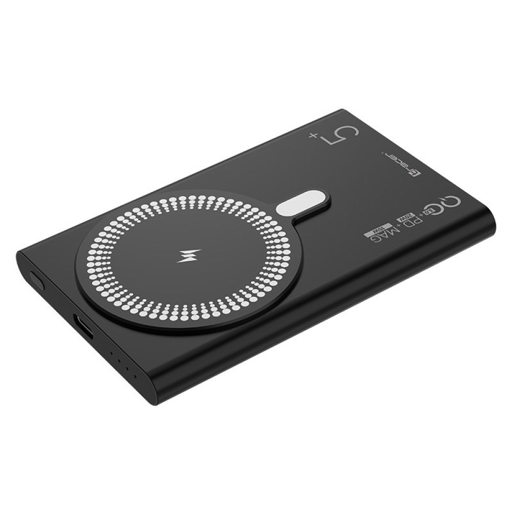 Czarny powerbank z magnetyczną podkładką do ładowania bezprzewodowego.