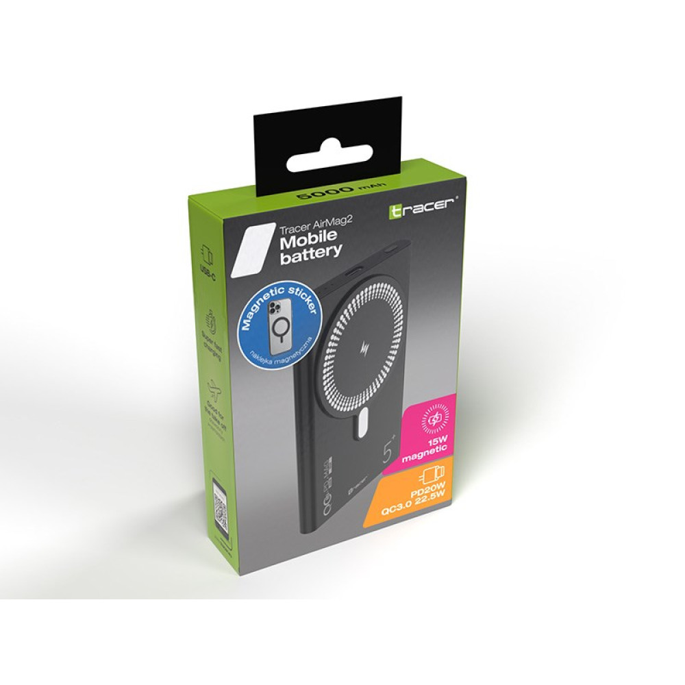 Pudełko czarnej baterii mobilnej Tracer AirMag2 o pojemności 5000 mAh.
