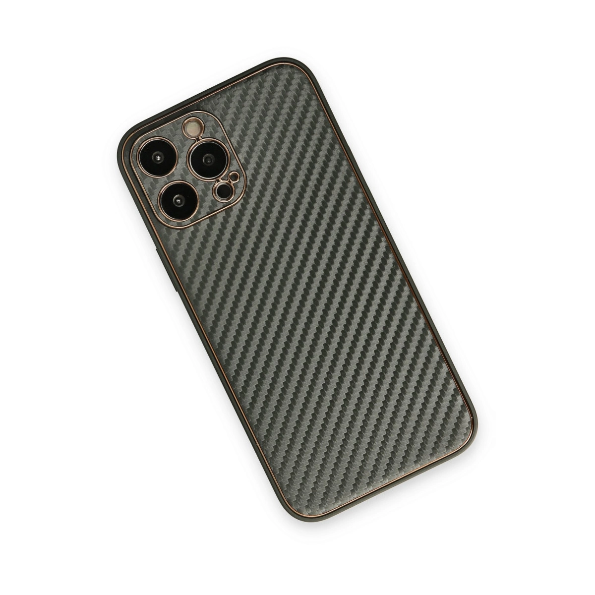 Bakır çerçeveli, gri karbon fiber telefon kılıfı, üç lensli.