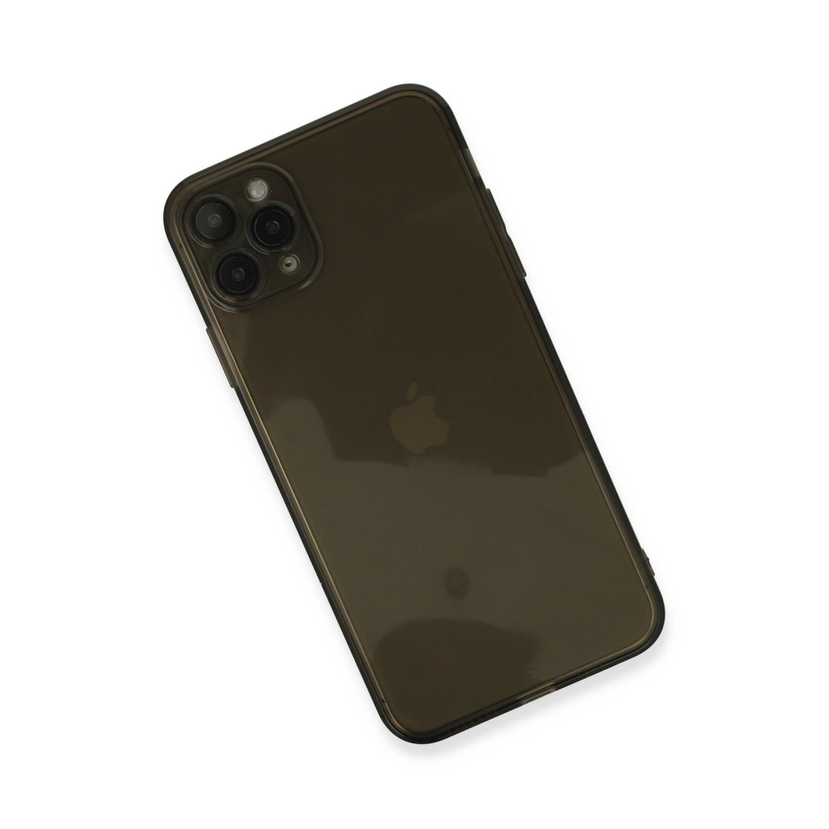 Üçlü arka kameraya ve Apple logosuna sahip koyu kahverengi akıllı telefon.