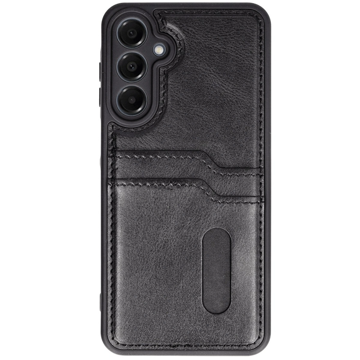 Kart yuvalı ve kamera kesimli siyah deri telefon kılıfı.