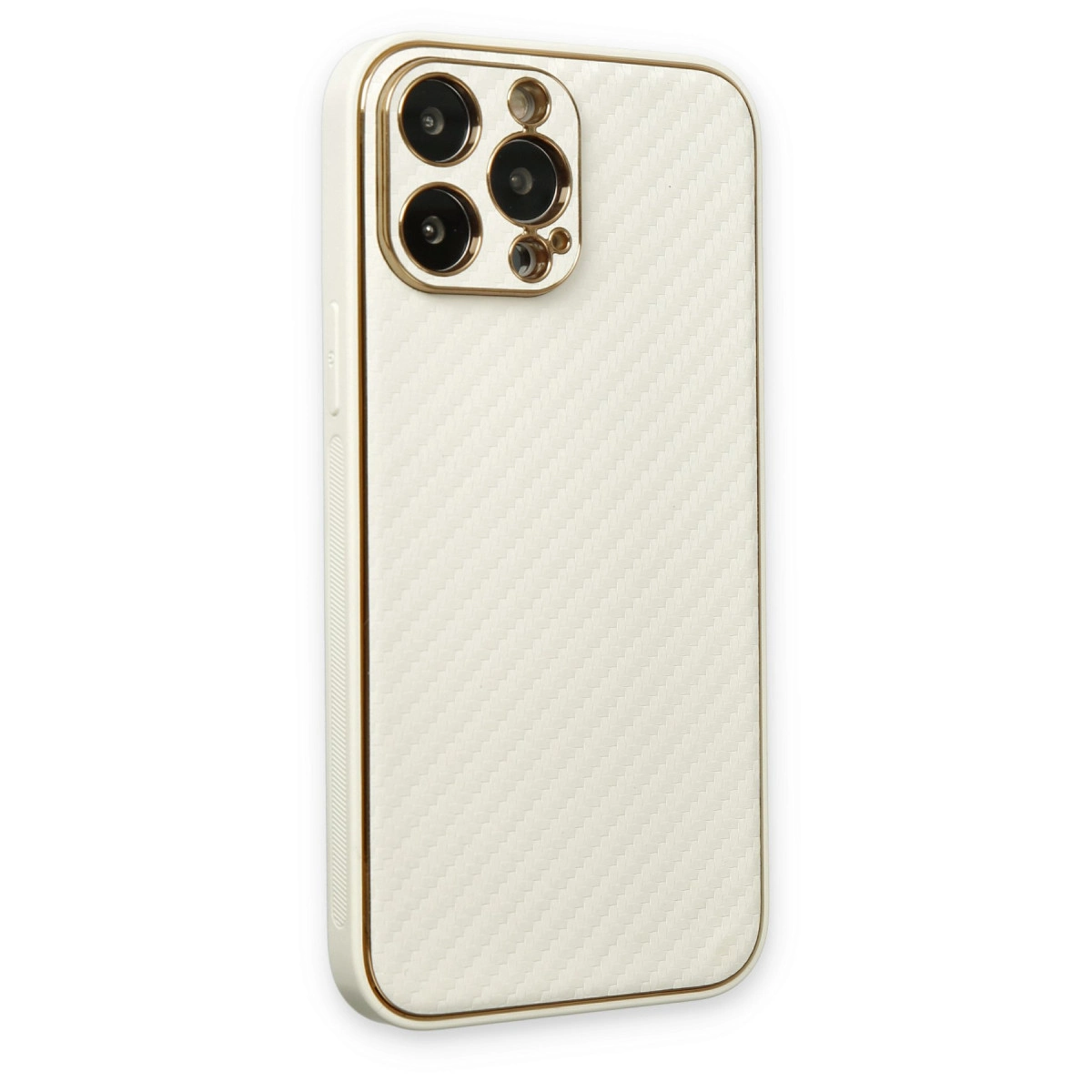 Altın kenarlı, karbon desenli beyaz telefon kılıfı.