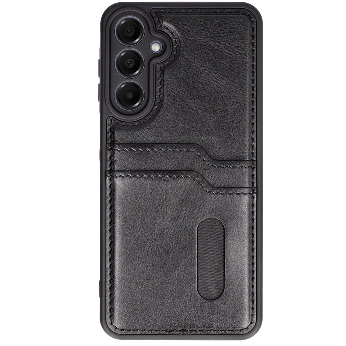 Arkada kart yuvaları ve üç kamera lensi bulunan siyah telefon kılıfı.