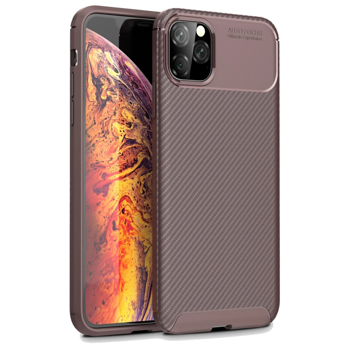NEWFACE iPhone 11 Pro Max Uyumlu Auto Focus Karbon Kapak Telefon Kılıfı Kahverengi