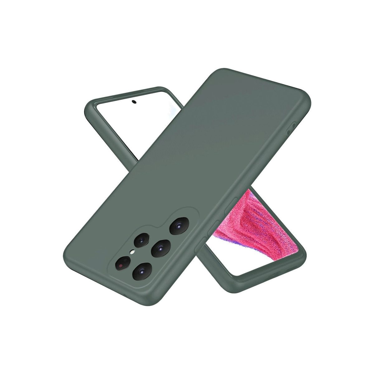Arkada dört kamerası olan koyu yeşil telefon kılıfı.