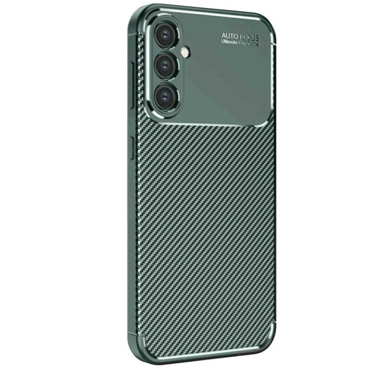 Koyu yeşil telefon, karbon fiber desenli arka yüz ve üçlü kamera.
