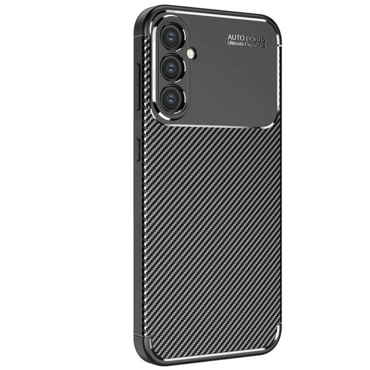 Karbon fiber dokulu, üç kameralı siyah telefon kılıfı.