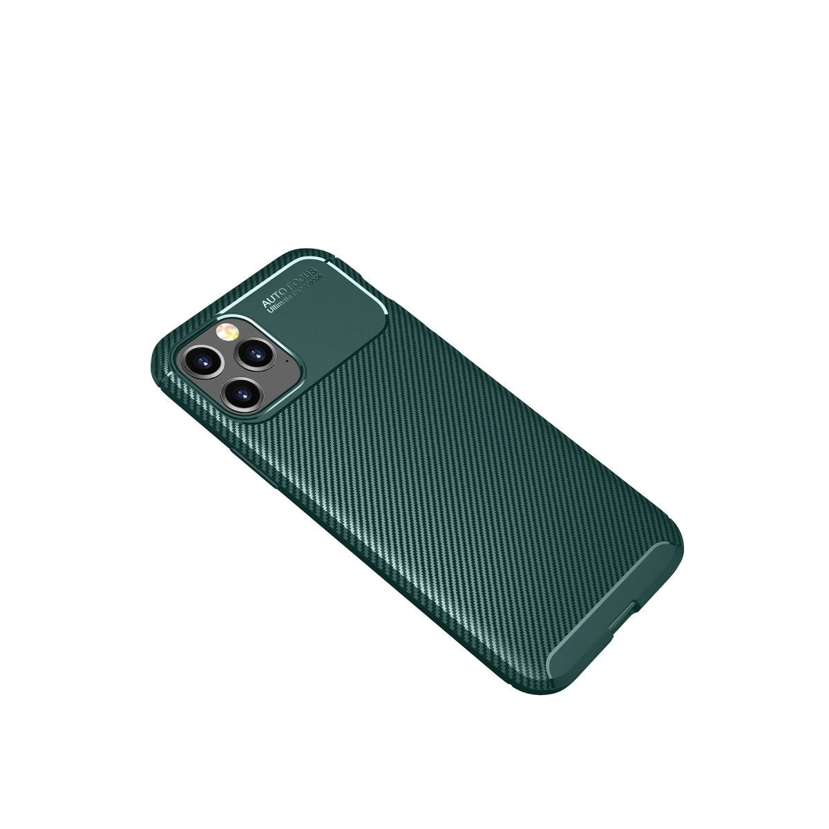 Karbon fiber dokulu, kamera açıklığı olan koyu yeşil telefon kılıfı.