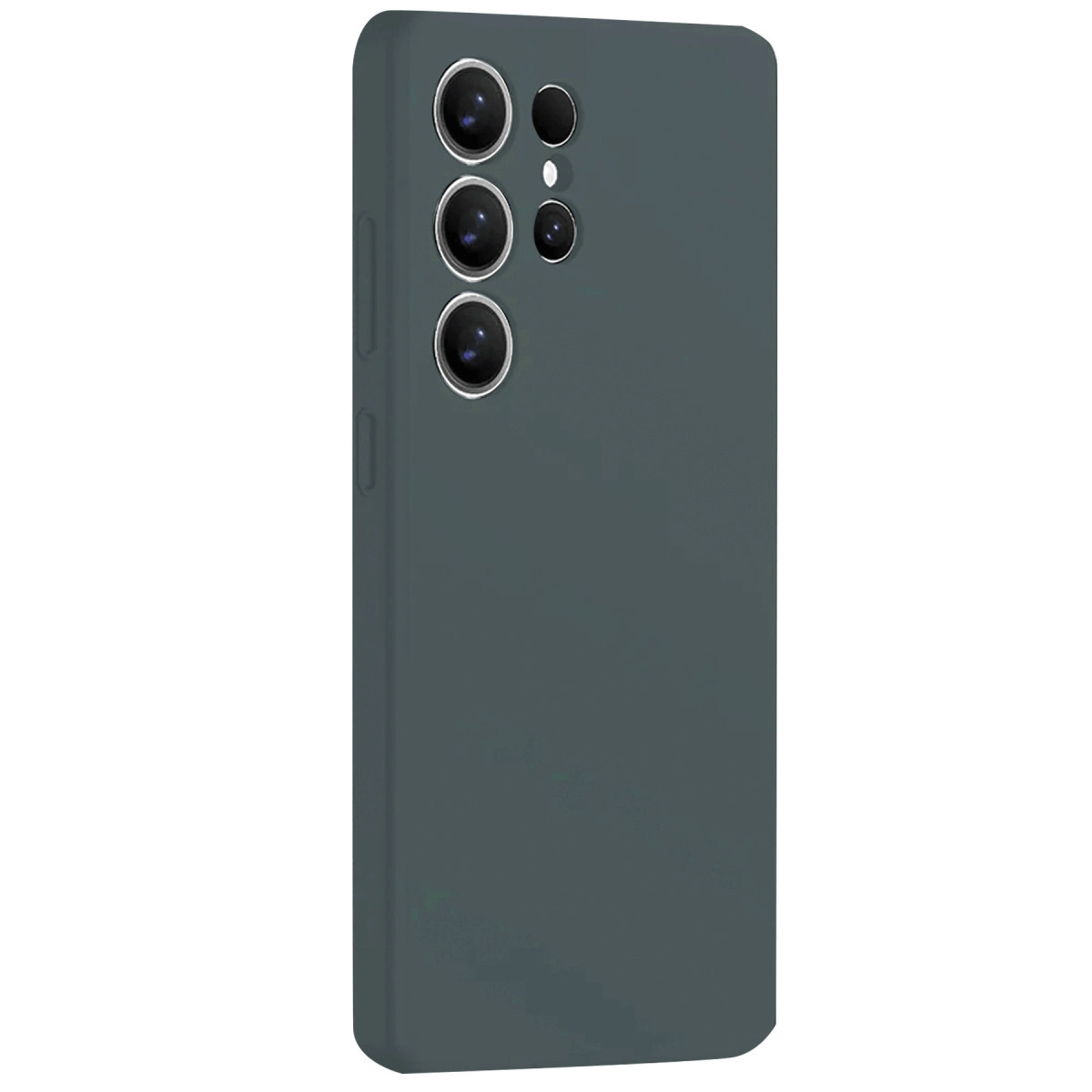 Dört lensli kamera modülüne sahip koyu gri telefon kılıfı.