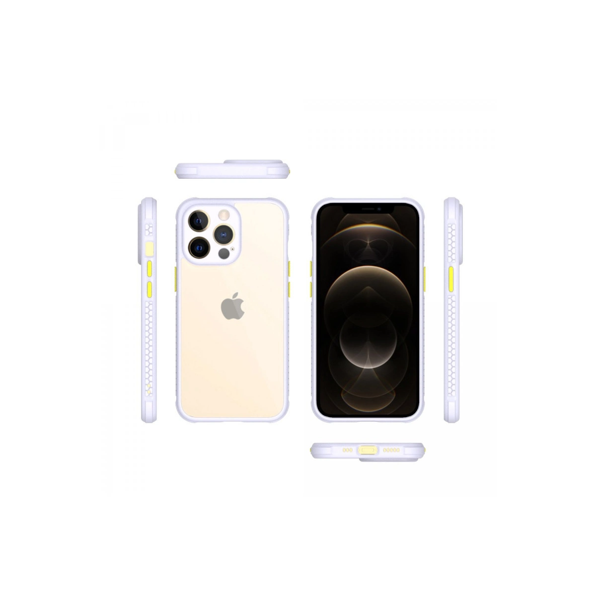 Sarı vurgulu açık mor iPhone kılıfı, çeşitli açılardan gösteriliyor.