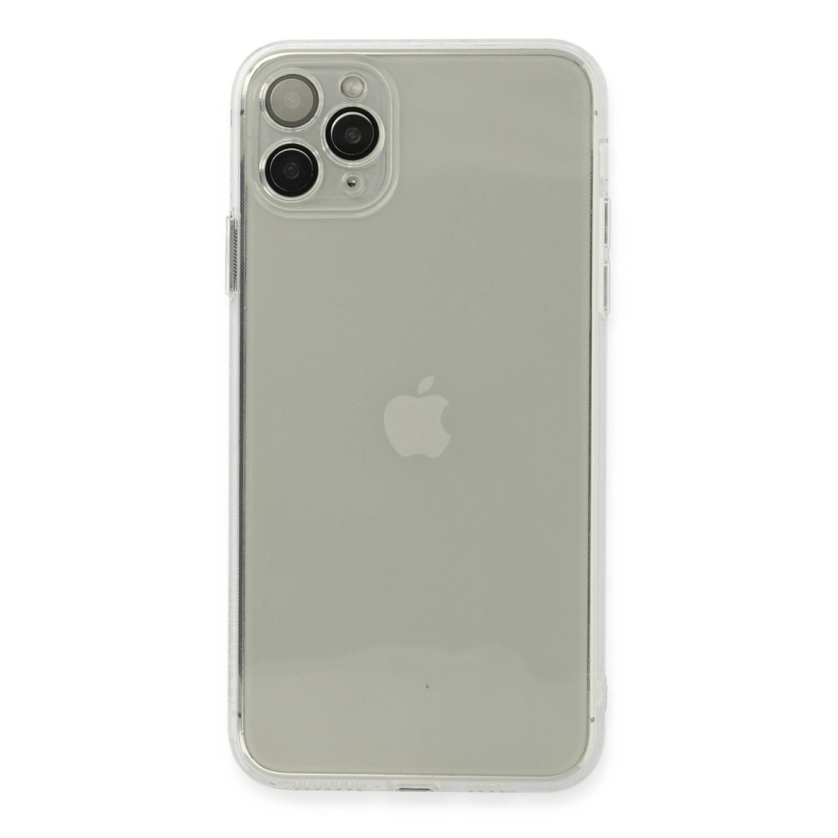 Arkadan gösterilen şeffaf kılıflı gümüş iPhone 11 Pro.