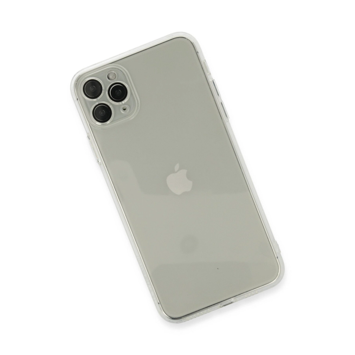 Üç kameralı açık gri iPhone üzerinde şeffaf kılıf.