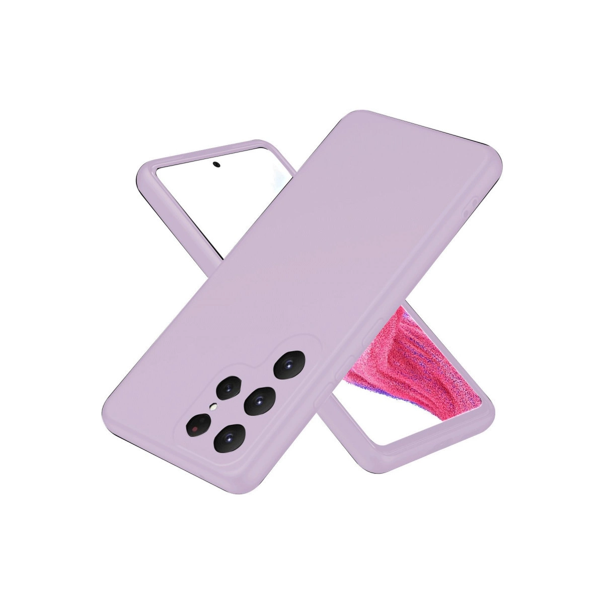 Dört kamera lensli ve beyaz ekranlı lavanta rengi telefon kılıfı.
