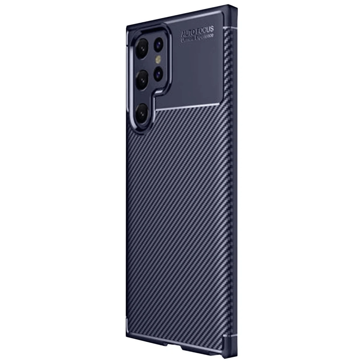Karbon fiber desenli lacivert telefon kılıfı ve kameralar.
