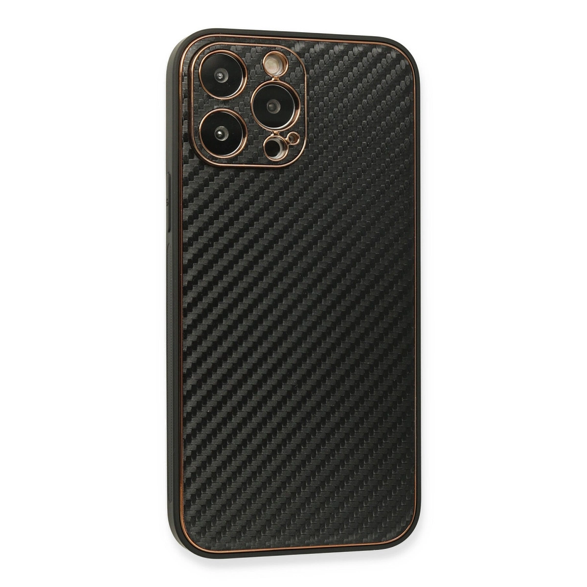 Bakır renkli çerçeveli, siyah karbon fiber desenli telefon kılıfı.
