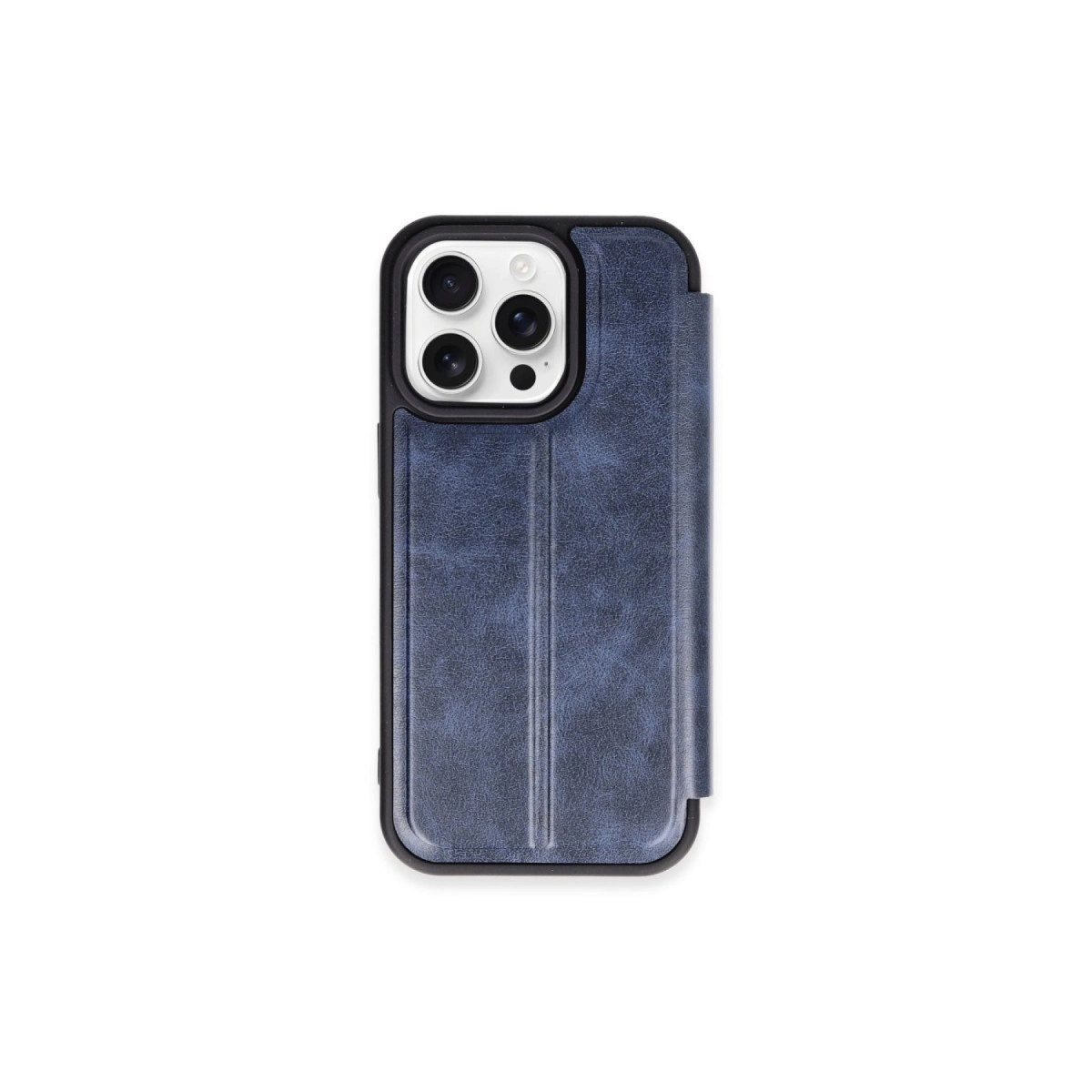 Dikey dikişli ve kamera kesimli lacivert telefon kılıfı.