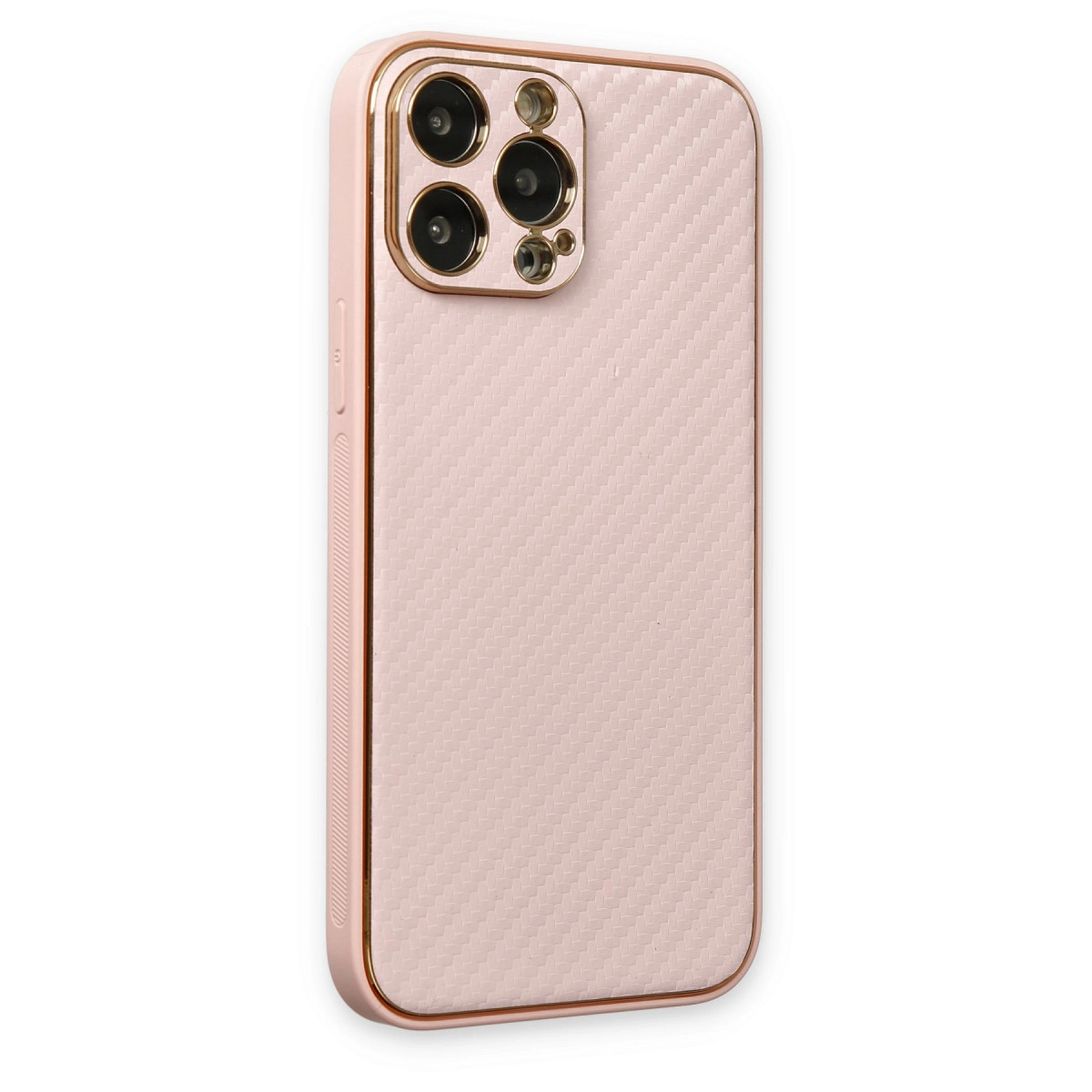 Altın kenarlı, karbon fiber desenli pembe telefon kılıfı.