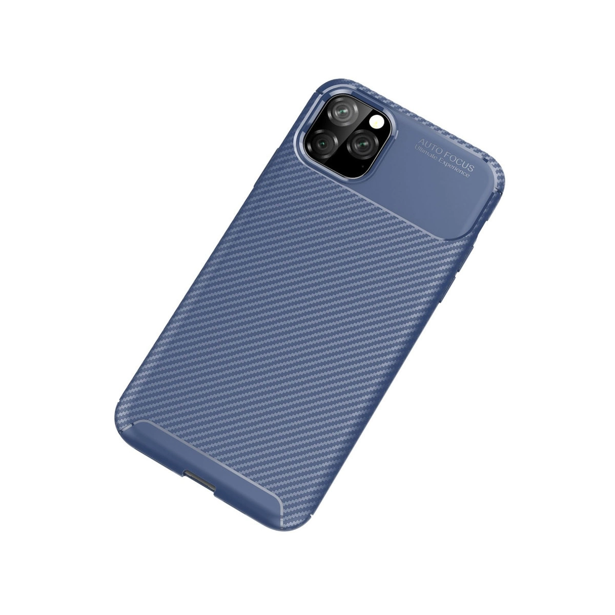 Karbon fiber desenli, üçlü kamera kesimli mavi telefon kılıfı.