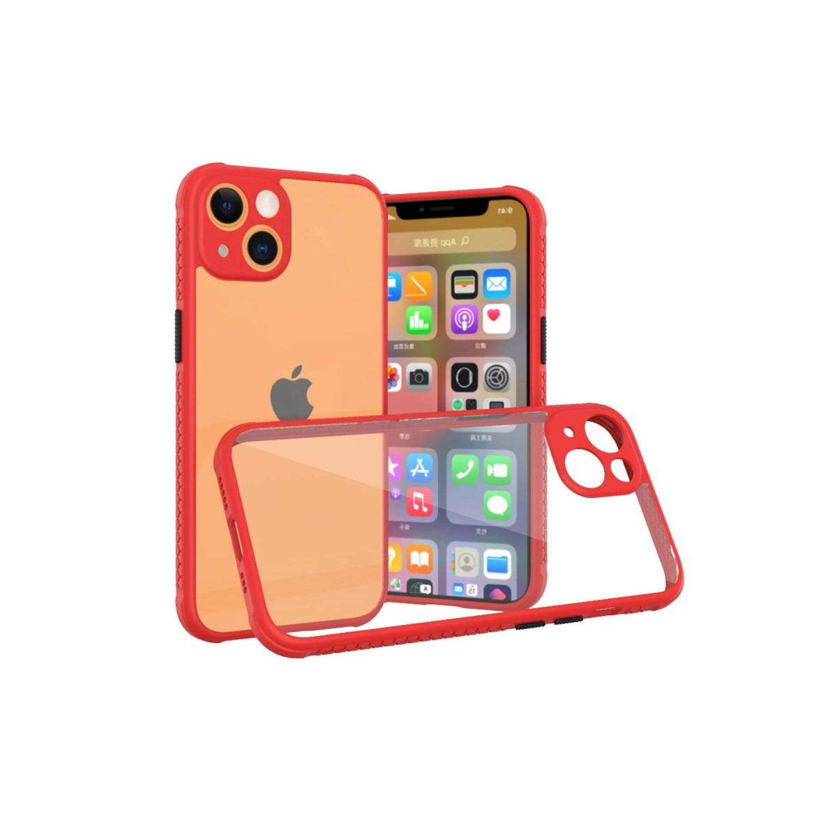 Şeffaf arkalı kırmızı iPhone kılıfı, Apple logosunu ve kamera lenslerini gösteriyor. Telefon ekranı görünür.