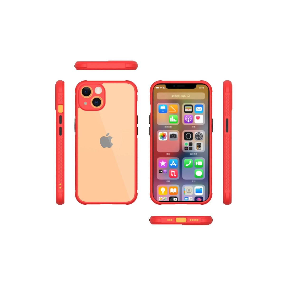 Şeffaf arkalı kırmızı iPhone kılıfı, ekranda uygulamalar görünüyor.