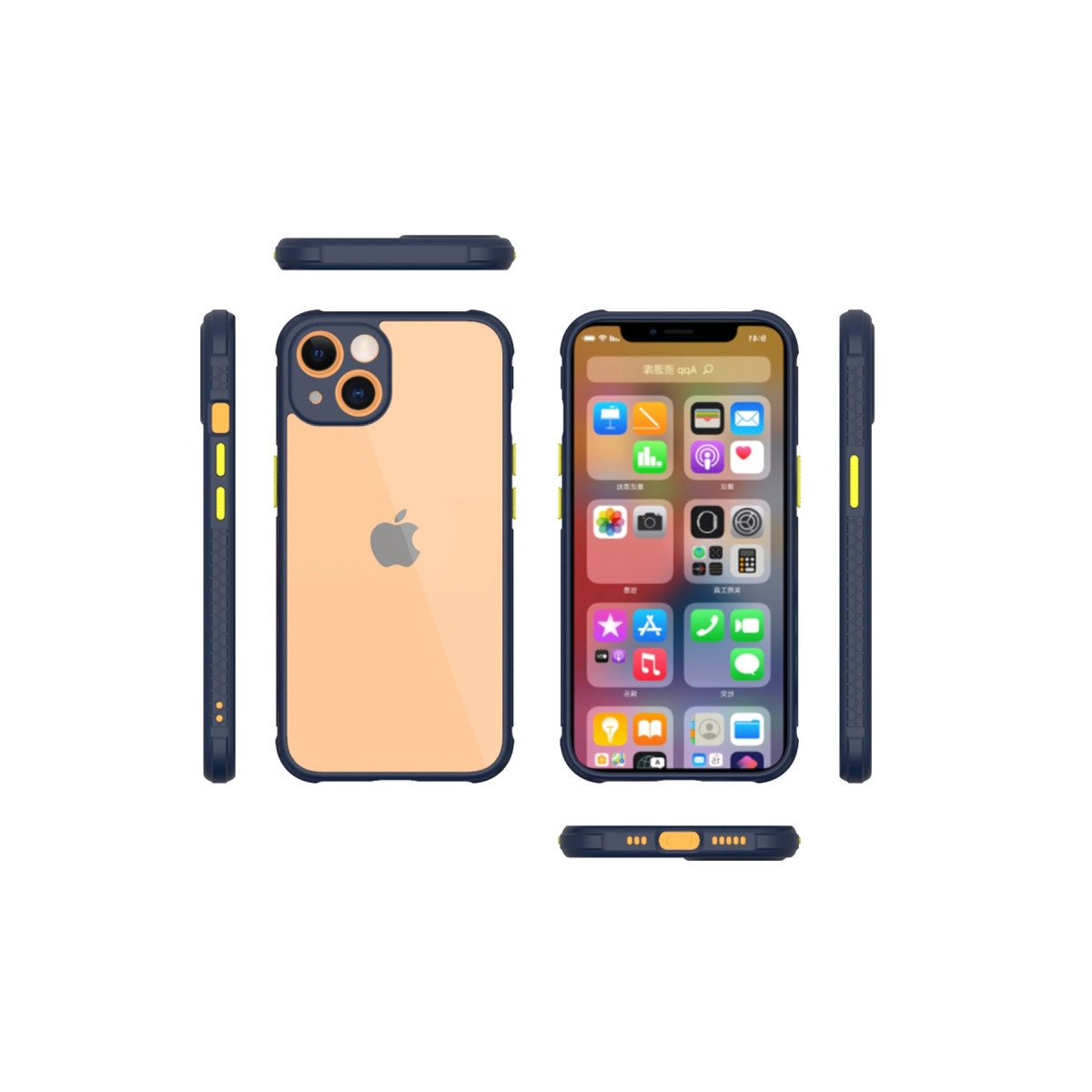 Şeffaf kasalı iPhone, Apple logosu ve sarı vurgular.