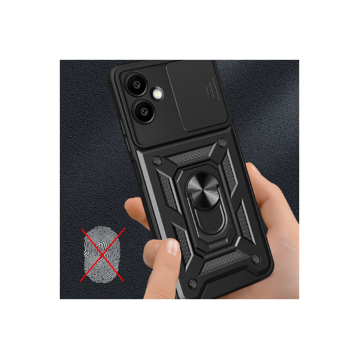 Halka stantlı, kayar kamera kapaklı, üzeri çizili parmak izi ikonlu siyah telefon kılıfı.