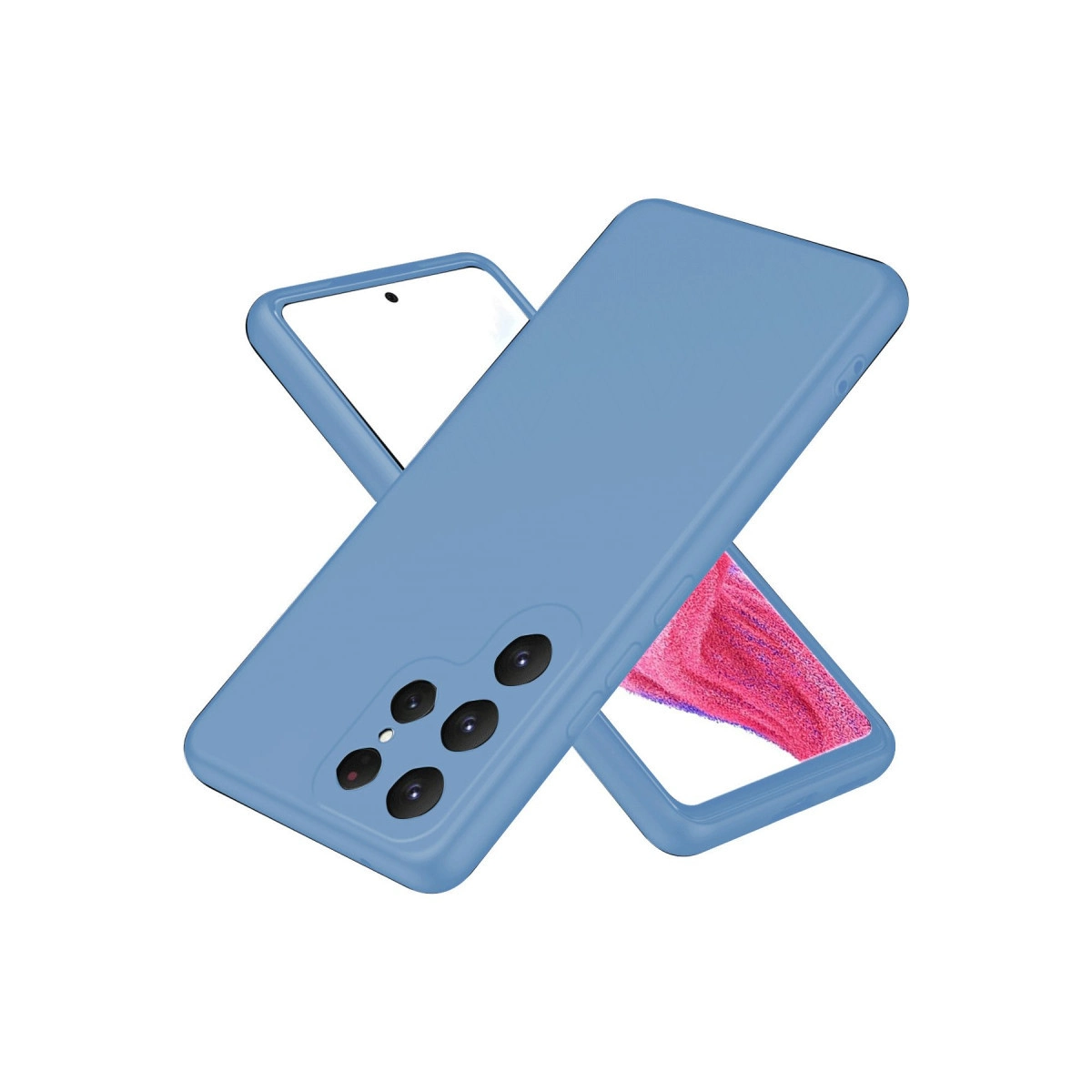 Beyaz arka plan üzerinde kamera kesimli mavi telefon kılıfı.