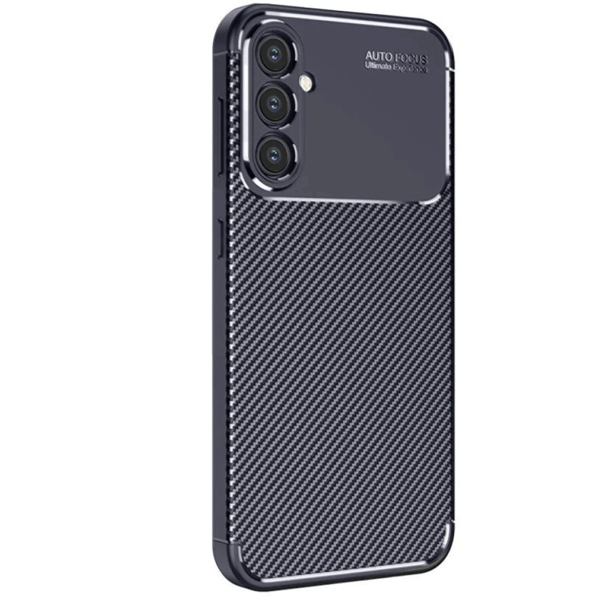 Karbon fiber desenli, üçlü kamera kesimli koyu gri telefon kılıfı.
