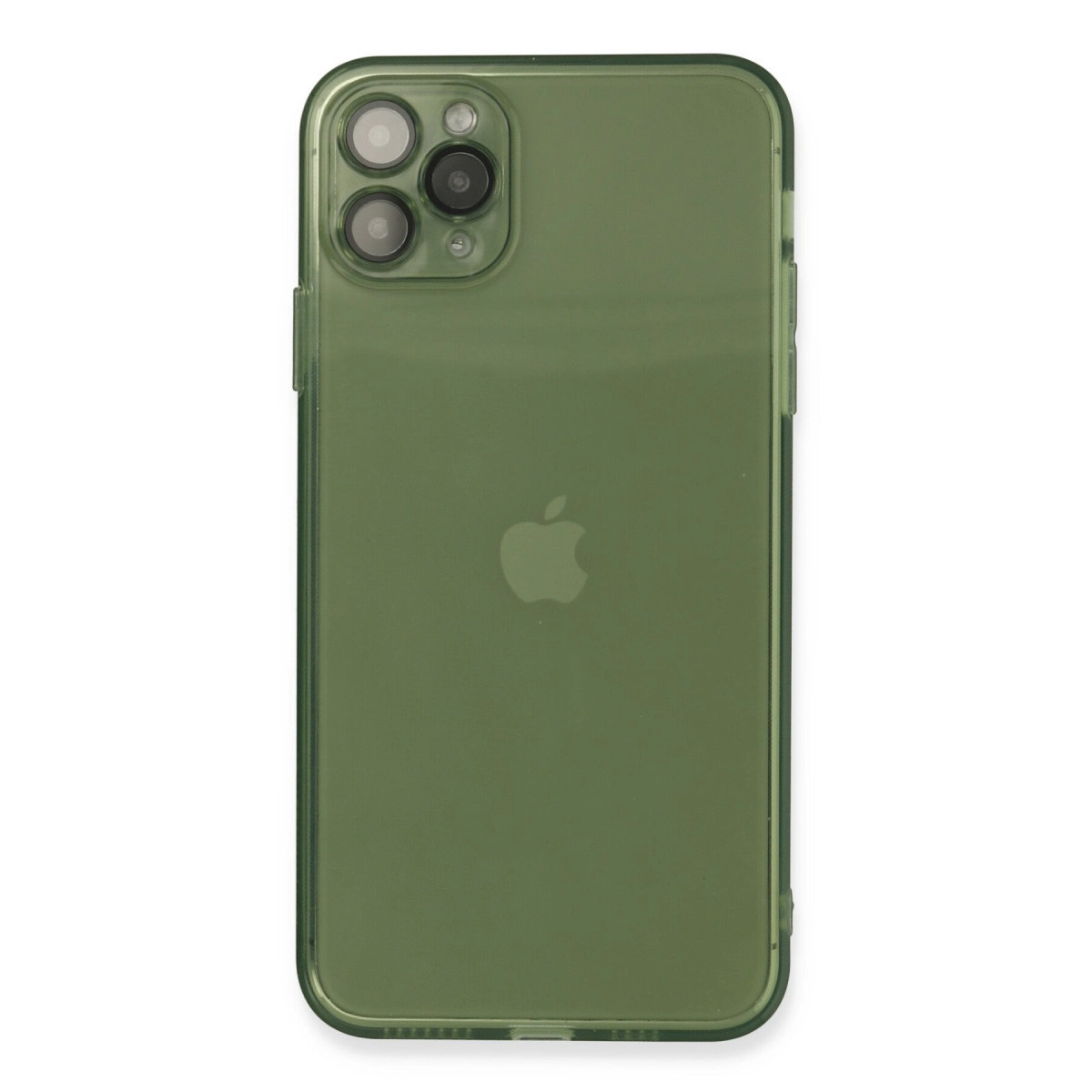 Apple logosu ve üçlü kamera dizilimi olan yeşil iPhone'un arkası.