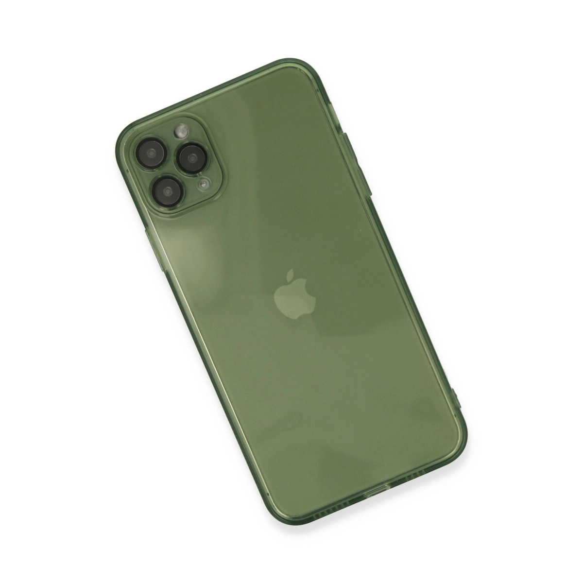 Arkada üç kamerası ve Apple logosu bulunan yeşil bir iPhone.