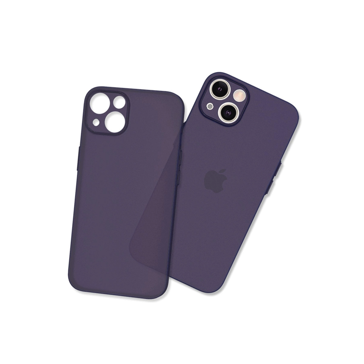 İki mat mor telefon kılıfı, biri kamera kesimli, diğeri Apple logosuyla.