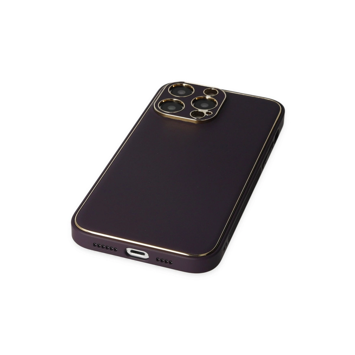 Altın kenarlı, kamera kesimli koyu mor telefon kılıfı.