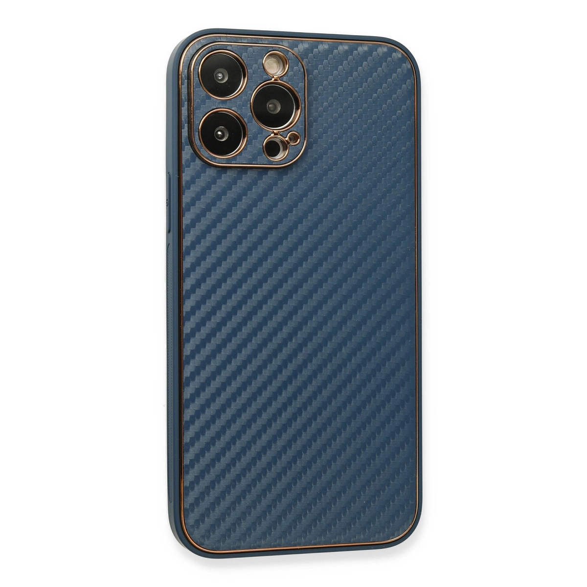 Karbon desenli, üç lensli mavi telefon kılıfı.