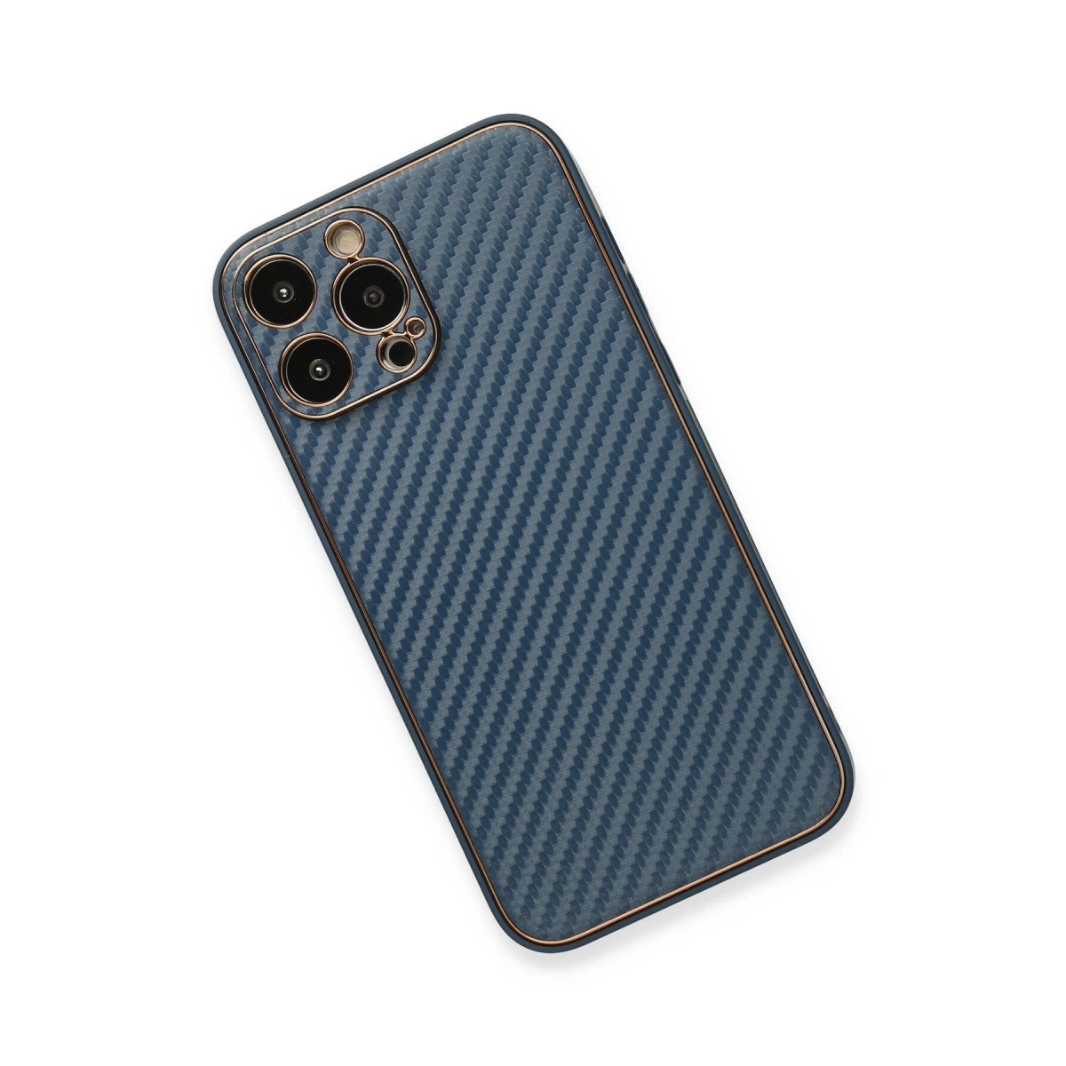 Altın kenarlı ve kamera kesimli mavi karbon fiber telefon kılıfı.