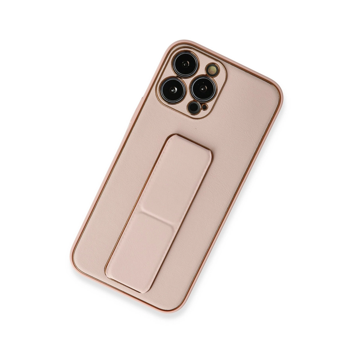 Üç kameralı ve stantlı pembe telefon kılıfı.