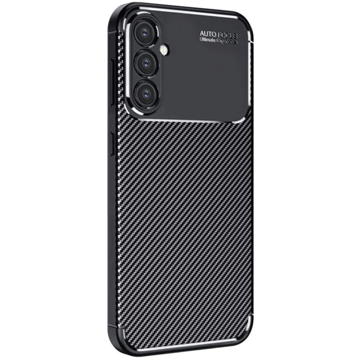 Karbon fiber dokulu, üç lensli siyah telefon kılıfı.